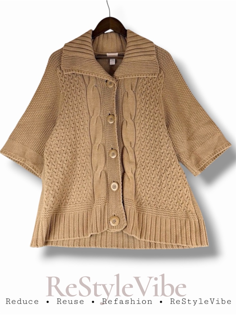 CHICOS Women’s Size 3 (XL) Sweater Cardigan Topper Cable Knit Collar 1/2 Sleeve